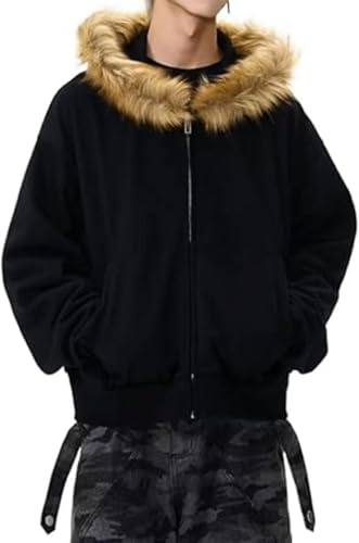 ITHAFE Y2k Zip Up Hoodie Fur Hooded Jacket Warm Winter Coat for Men Fur Collar Hoodies Streetwear Unisex Streetwear (Black,Medium)