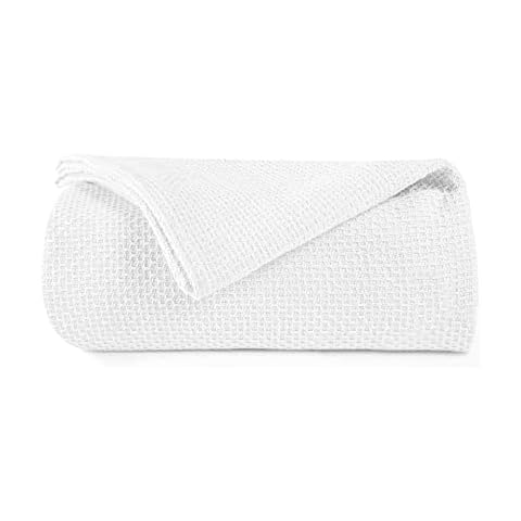 BOUTIQUO 100% Cotton Bed Blanket, Breathable Thermal Blanket Full - Queen Size, Soft Honeycomb Waffle Blanket 90"x90", Cotton Bed Blanket, Perfect for Layering Any Bed for All Season, White Cover
