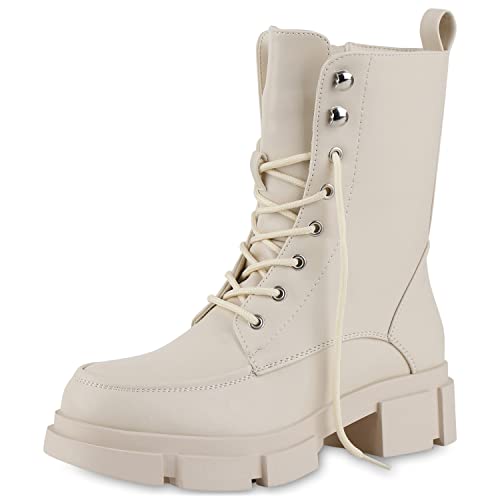 VAN HILL Damen Schnürstiefeletten Leicht Gefüttert mit Blockabsatz Plateau Vorne Profilsohle