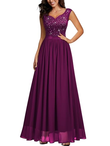Image of Miusol Women's Sexy Deep V-Neck Sequin Lace Double Sleeveless Evening Party Maxi Dress
