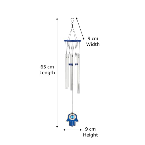 Image of Amazon Basics Premium Aluminium Evil Eye Wind Chimes for Home, Balcony & Garden |Soothing Melodic Sound | Decorative Hanging Gift | Color: Silver | Material: Aluminum | Size: 65L x 9 W x 9H cms