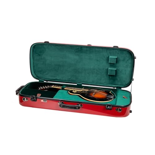 Image of Crossrock Fiberglass Mandolin Case - Oblong for A & F-Style (Universal Fit) | Red Gloss, Forest Green Velvet, TSA Lock, Hygrometer, Backpack Straps - Pro Travel Series
