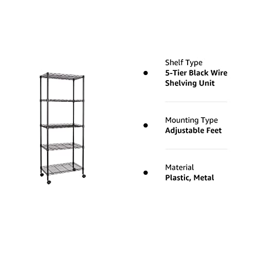 Js Hanger Wire Shelving Unit, 5-Tier Heavy Duty Height Adjustable Rolling Metal Shelves For Storage, 550 Lbs Capacity, 23.23''W X 13.4''D X 71''H, Black #TOP7