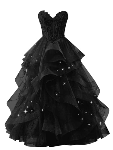 Plus Size Glitter Tulle Tiered Prom Dresses for Teens Black Sweetheart Strapless Formal Patry Gowns A-line Wedding Gown US 24W