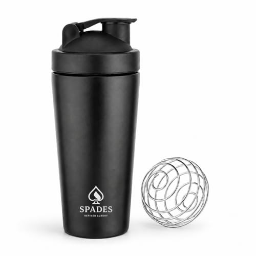 Image of SPADES Stainless Steel Gym Shaker Bottle 750ml with Mixing Ball | Leakproof Protein Shaker for Gym, Wide Mouth, Leckproof, Measurement Markings, Sipper Cap | Metal Shaker for Men (Black /P1)