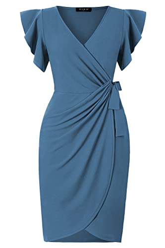 oten Womens Deep V Neck Ruffle Sleeve Sheath Casual Cocktail Party Work Faux Wrap Dress