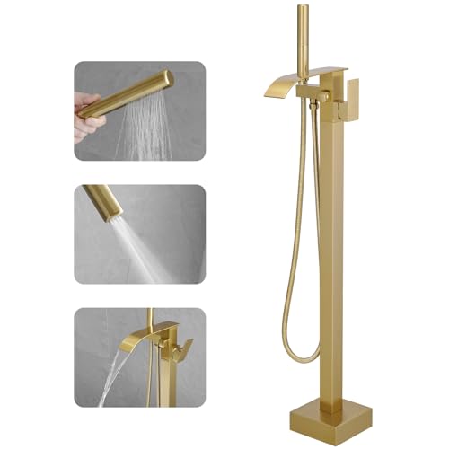 Image of RUMOSE Bath Filler Freestanding Brushed Gold Floor Mounted Tub Faucet Waterfall Bathtub Filler with CUPC Certified High Flow Brass Bath Faucets with Handheld Shower