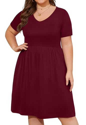 Image of DB MOON Women Plus Size Dresses 2026 Summer Casual V Neck Short Sleeve Knee Length Dress with Pockets