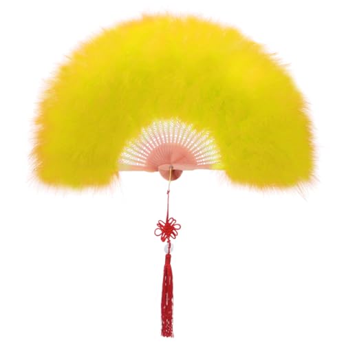 Jinmoioy 扇子 羽扇子 舞扇子 180度展開 大きい バブリー 毛が抜けない ふあふあ ファー ジュリ扇 羽 ダンス 踊り 昭和 セクシー バブリーダンス 衣装 コスプレ お立ち台 ディスコ バブル コスプレ パーティー ハロウィン (イェロー)