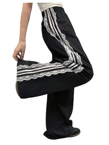 Floerns Women's Floral Lace Striped Sweatpants Elastic Waist Wide Leg Workout Sports Trousers Black Small