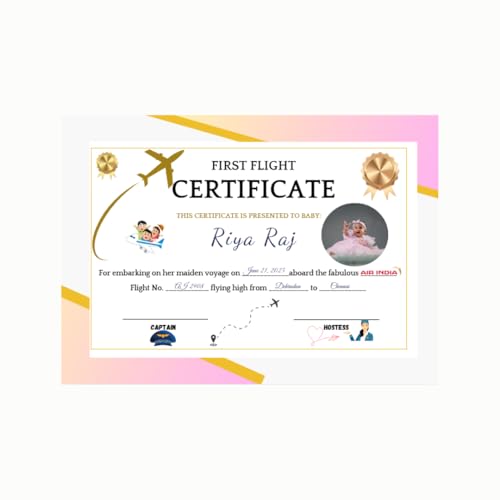 Image of First Flight Certificate for Baby, A4 Size Frame Card, Premium Glossy Print, Customisable Keepsake