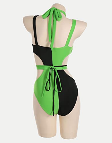 MEOWCOS Women's One Piece Swimwear Gothic Swimsuit Green and Black Spliced Cutout Bathing Suit3