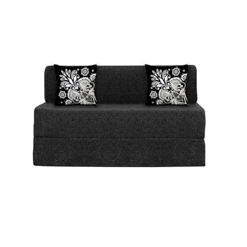 Image of Rosebell Two Seater Sofa Cum Bed | Jute Fabric Washable Cover | with Cushions Perfect for Guest | Black-Color | 4' X 6' Feet