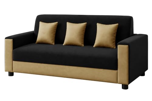 Image of Modern 3 Seater Sofa | Contemporary Upholstered Couch | Premium Cushioned Seating | Stylish Armrest Design | Comfortable Sofa for Living Room, Bedroom & Office - Black + Beige Color