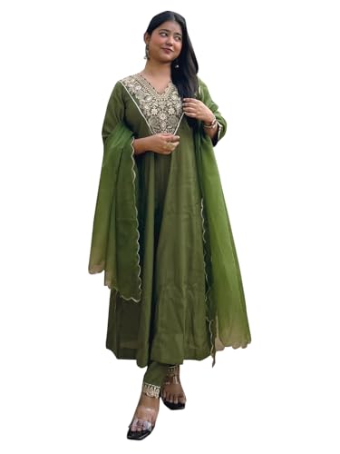 Image of VredeVogel Women's Silk Blend Embroidered Anarkali Kurta with Pant & Dupatta Set | Festive & Casual Women Ethnic Kurta Set for Women
