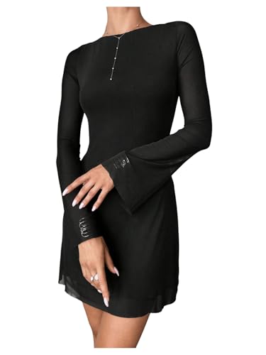 Image of GORGLITTER Women's Bell Long Sleeve Mini Dress Y2k Fall 2025 Mesh Boat Neck Going Out Club Bodycon Short Dress