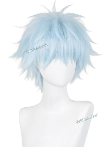 Image of Half and Half Short Light Blue Anime Cosplay Wig with Bangs for Men Sky Blue Male Game Wigs White Blue Spiky Layered Wigs for Women Unisex Halloween Party Costumes