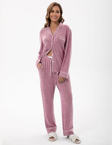 Image of UMBY Women's Silk Satin Pajama Sets, 2 Piece Silky Pjs Sets for Women, Soft Pajama Set with Long Sleeve Top and Pants Light Pink