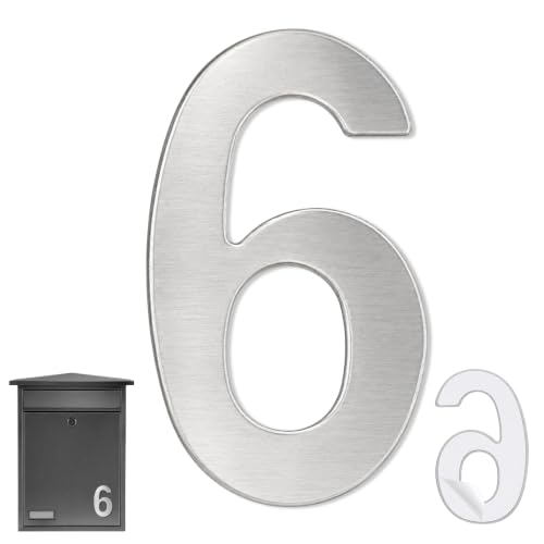 Numero 6 Casa, Número Seis Hogar, Número 6 Para Puerta, Número Para Pared, Número 6 Buzón, Acero Inoxidable 304, 75 Mm Alto X 47 Mm Ancho, Adhesivo, Plateado