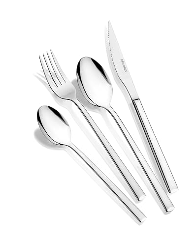 BRA Verona | Set de 16 piezas de cubertería, acero inoxidable 18/10, con cuchillo chuletero, acabado pulido brillante