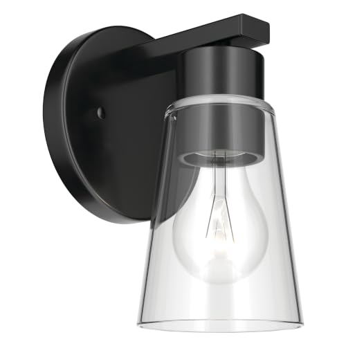 Image of Kichler Stamos 8 inch 1-Light Soft Modern Wall Sconce with Clear Glass in Black, (8 inch H x 5 inch W), 52437BKCLR