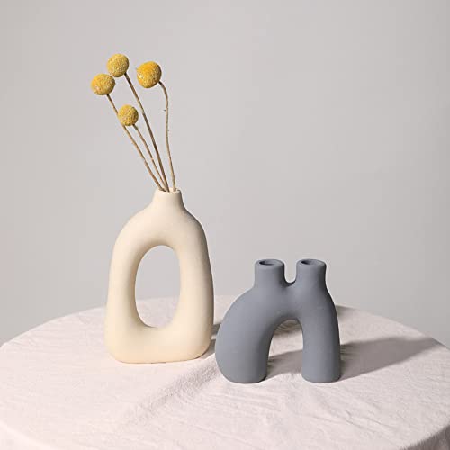 Modern Abstract Ceramic Vase Set Of 2,Boho Aesthetic Hollow Ceramic Vase,Frosted Donut Vases,Flower Arrangement Pampas Grass Vase,Nordic Minimalist Geometric Style Ceramic Vase For Living Room #TOP3
