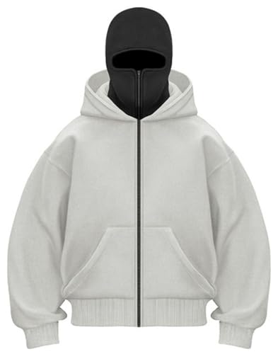 EUDOLAH Balaclava Jacket Zip Up Fashion Double Layer Hoodie Hip Hop Outerwear Jacket Y2K Clothing for Men and Women(XL,Light Grey)