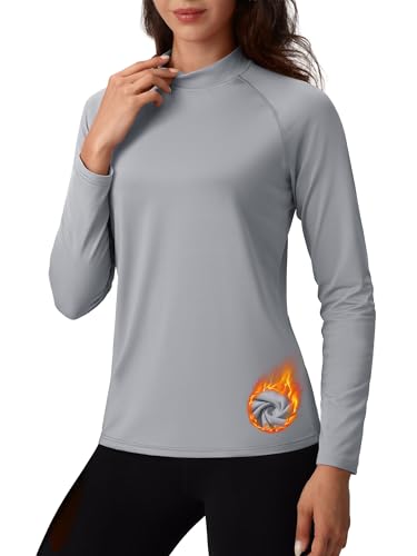 TACVASEN Thermal Shirts for Women Mock Turtlenecks Long Sleeve Athletic Workout Pullover Warm Tops Base Layer Outdoor Fall Winter Light Grey,S