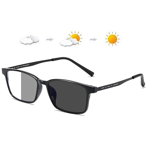 Lanomi Rectangle Photochromic Reading Glasses Blue Light Blocking Reading Sunglasses UV400 Protection Eyeglasses for Women Men Light Black (Photochromic Grey) 2.5