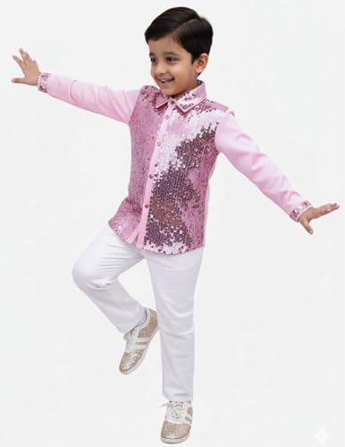 Image of BookMyCostume Pink Sequin Shirt & White Shiny Pants Western Dance Costume for Boys | Full Sleeve Outfit | Annual Day Dance Dresses & Fancy Dress Theme Costume | 8-10 Years