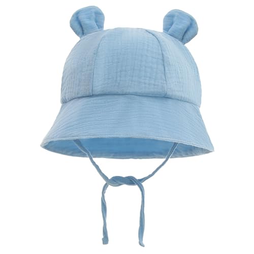 GreatRise Sombrero de verano unisex para bebé, de algodón, con orejas y cintas ajustables, protección UV, sombrero de pescador, ala ancha, gorro de playa para niños y niñas, azul
