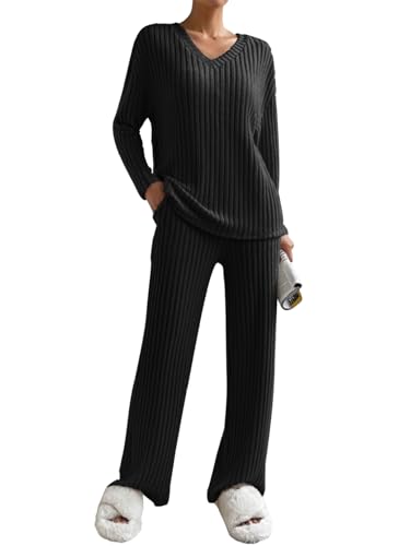CheChury Pijamas Mujer Invierno Conjuntos de Ropa de Descanso Acanalada Mujer Conjunto Loungewear de Manga Larga Camiseta y Pantalón Holgado Mujer Pijama Algodón Otoño Conjunto Chándal de 2 Piezas