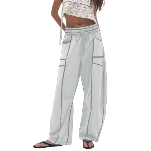 Baggy Barrel Pants Women,Drawstring High Waist Casual Pants - Wide Leg Sweatpants | Contrast Patchwork | Fall Outfits