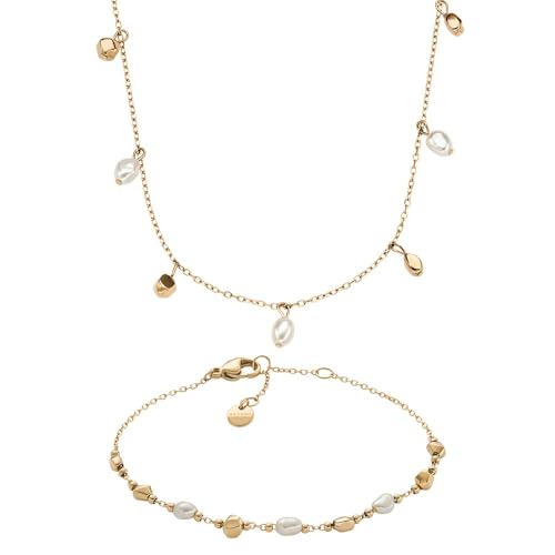 Image of Skagen Women's Agnethe Pearl Gold-Tone Stainless Steel Necklace and Bracelet, Set