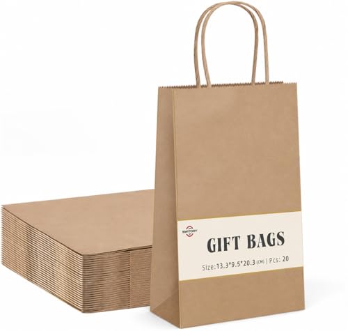 Switory 20pc Party Bags Kraft Gift Bag 5.25x3.75x8 Inch Brown Shopping Paper Bag with Twisted Handles for Party Favor, Packaging, Customization, Carry, Retail, Merchandise, Wedding