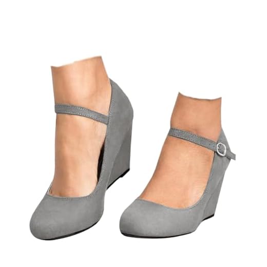 Coutgo Womens Wedge Shoes Mary Jane Pumps Ankle Strap High Heel Round Toe Office Work Dress Shoes Grey