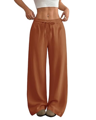 Image of SEMARO Womens Casual Linen Wide Leg Pants Flowy Drawstring High Waist Palazzo Beach Vacation Trousers