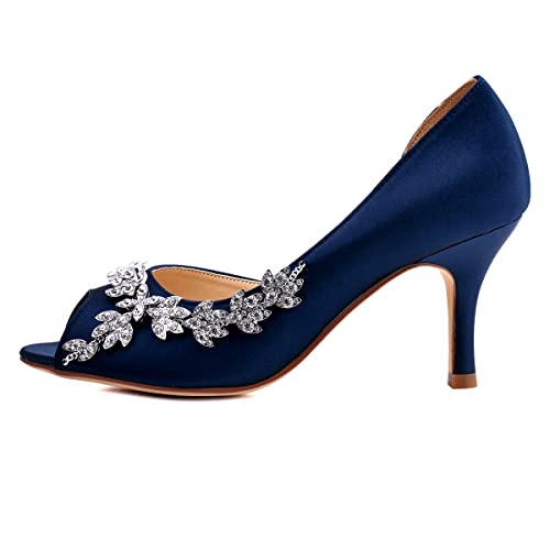 Image of ELEGANTPARK Peep Toe Heels for Women, Satin Rhinestones Dress Wedding Shoes