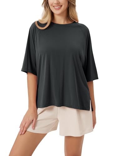 ODODOS Women's Side Split Tee Modal Soft Raglan Short Sleeve, Relaxed Fit Casual Lounge T-Shirts Yoga Tops