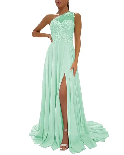 Image of LANGKAAO One Shoulder Lace Bridesmaid Dresses Long for Wedding A-Line Chiffon Slit Formal Party Gown with Pockets