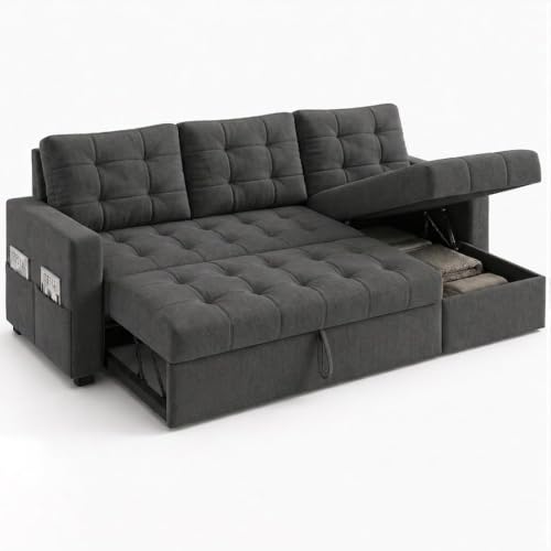 Image of CASASTYLE Sumur 4 Seater RHS L Shape Sofa with Pull Out Bed & Storage Lounger | Premium Soft Velvet Suede Fabric | Comfort Cushions | Ideal for Living Room, Hotel & Office (Dark Grey)
