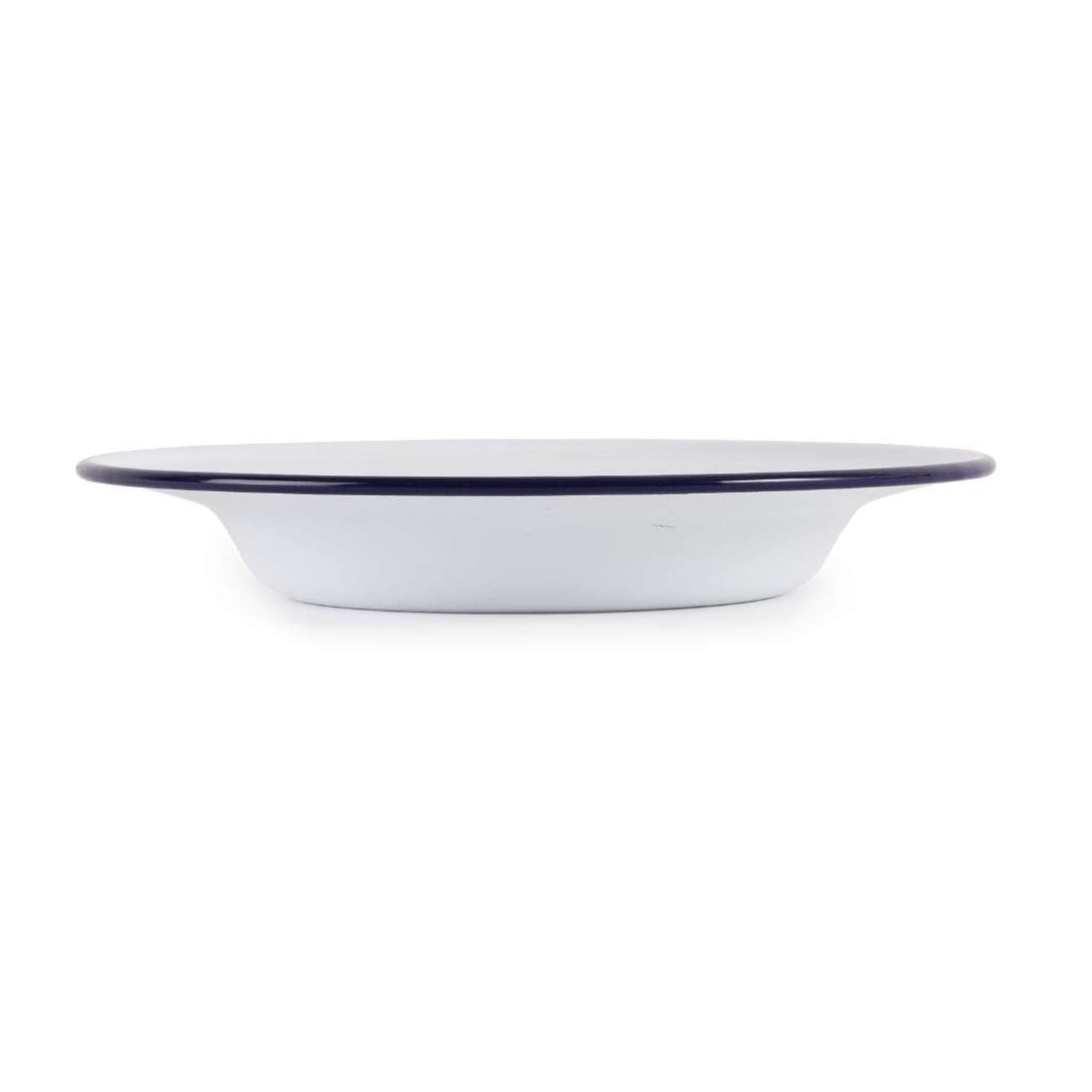 Olympia Assiettes creuses en acier émaillé 245 mm (lot de 6), blanches avec bord bleu, empilables, usage professionnel et domestique, passe au lave-vaisselle et au four, GM513