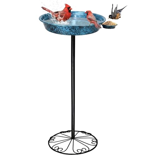 Standing Bird Bath for Outdoors-33 Inch Tall Metal with Bird Feeder