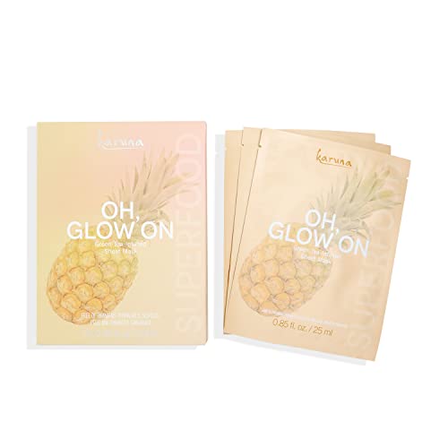 Karuna Oh, Glow On Face Mask Sheet, Skincare and Beauty Facial Masks with Moisturizing and Collagen Promotion Properties for Healthy Glow, Contain Green Tea, Vitamin C and Pineapple (3 Sheets)
