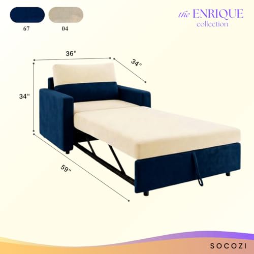 Image of SOCOZI Enrique 1 Seater Sofa Cum Bed | Soft Velvet Suede Fabric | Modern Convertible Design | Plush Comfort Seating for Living Room (Dark Blue-Cream)
