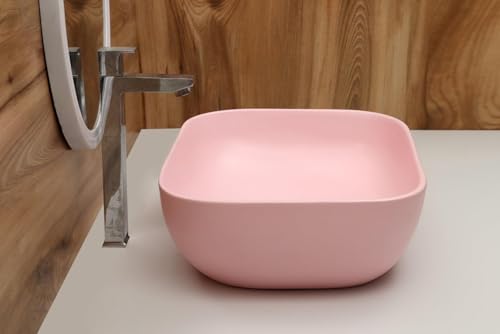 MAHISRE Ceramic Countertop Wash Basin | Designer Table Top Bathroom Basin Sink | Vessel Sink Wash Basin Over Counter for Bathroom, Hotel, Home Living Room (18x13x5.5 Inch) (Matte Pink)