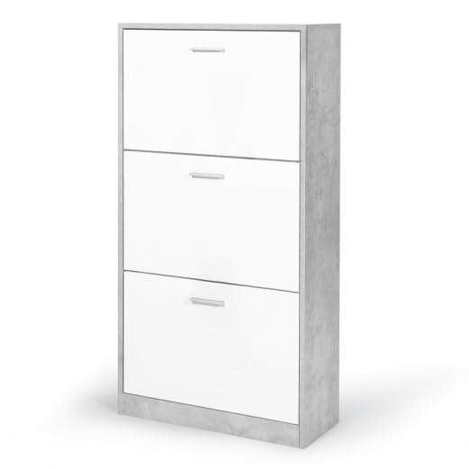 IDMarket Meuble à Chaussures 18 Paires KLARK Blanc 3 Portes Effet Béton - Rangement Entrée Moderne