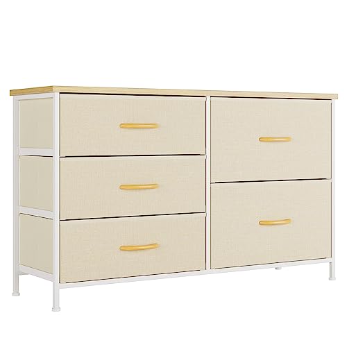 Nicehill Dresser for Bedroom with 5 Drawers, Storage Drawer Organizer, Wide Chest of Drawers for Closet, Clothes, Kids, Baby, TV Stand with Storage Drawers, Wood Board, Fabric Drawers(Beige)