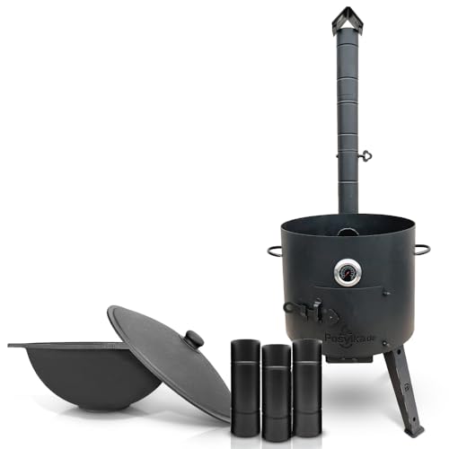 Hierro fundido Kazan 16 L Kazan Казан con horno de fuego Utschak Ø 44 cm piso plano termómetro tubo de extensión Учак Учаг Uchag Asia (Set 1)