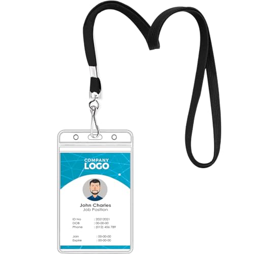 2 Pack Clear ID Badge Holder with Lanyard Black Lanyards with Vertical Waterproof ID Badge Holder for Office, School, Travel (Black)